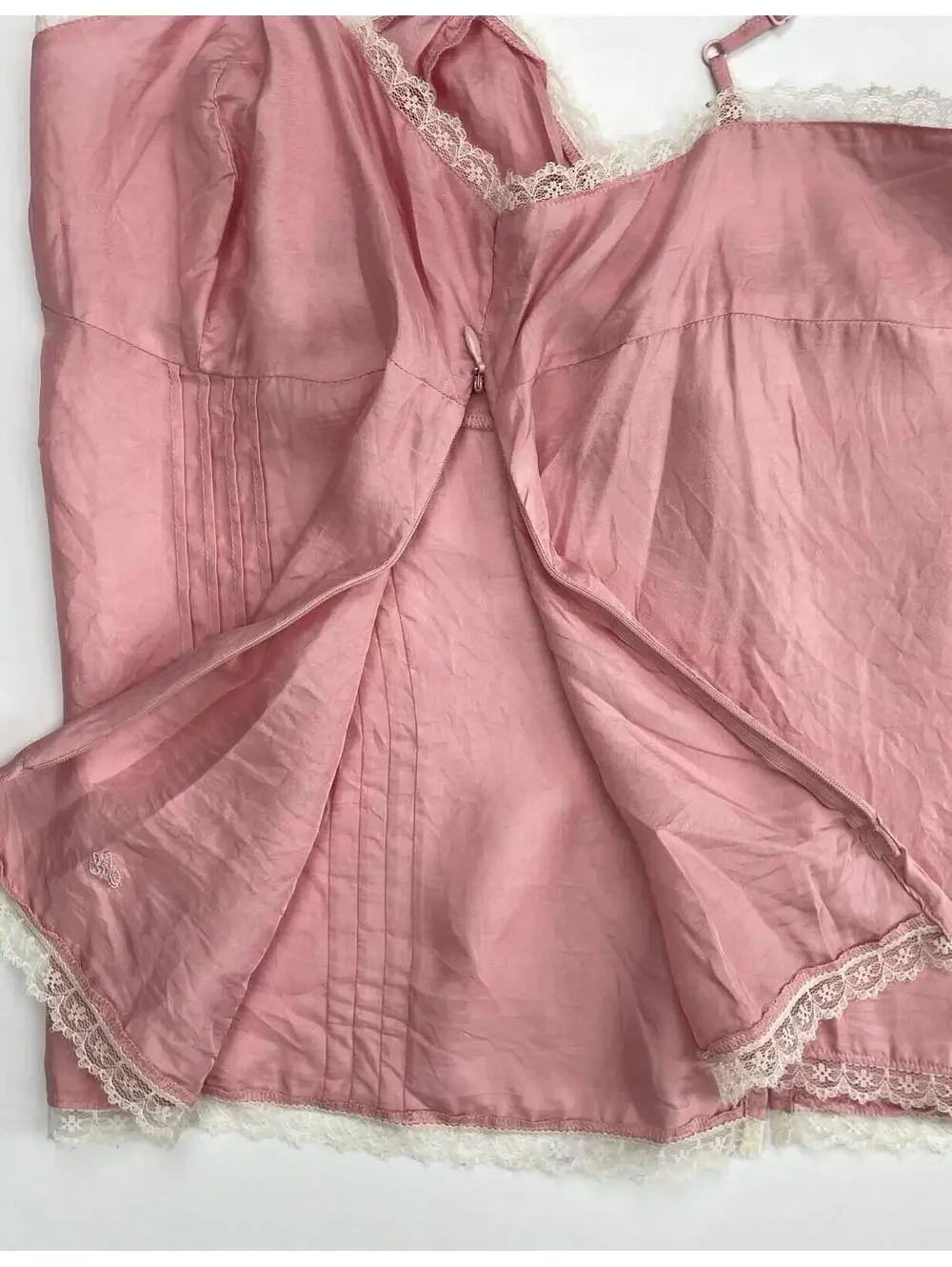 American Eagle 100% Silk Camisole Top 12 Pink Lace Trim Pintuck Boho Romantic - Picture 3 of 7